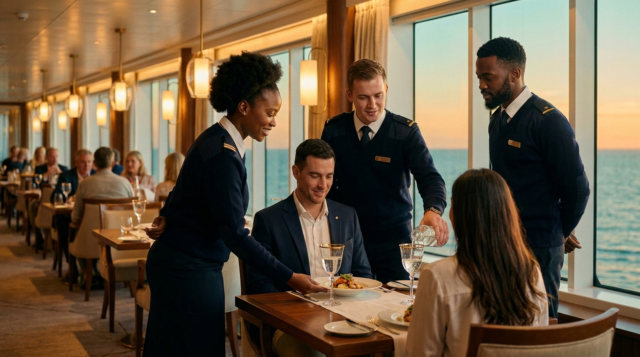 Cape Marine Academy crew serving guests in a fine dining room at sea